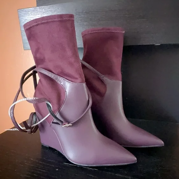 GUESS Burgundy Purple Mixed Media Buckled Strap Acora Point Toe Wedge dress Boot - Picture 5 of 13